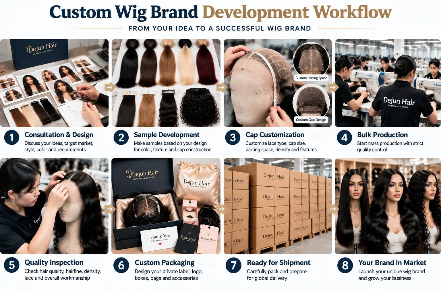 Custom wig brand development workflow from product design to OEM manufacturing and market launch