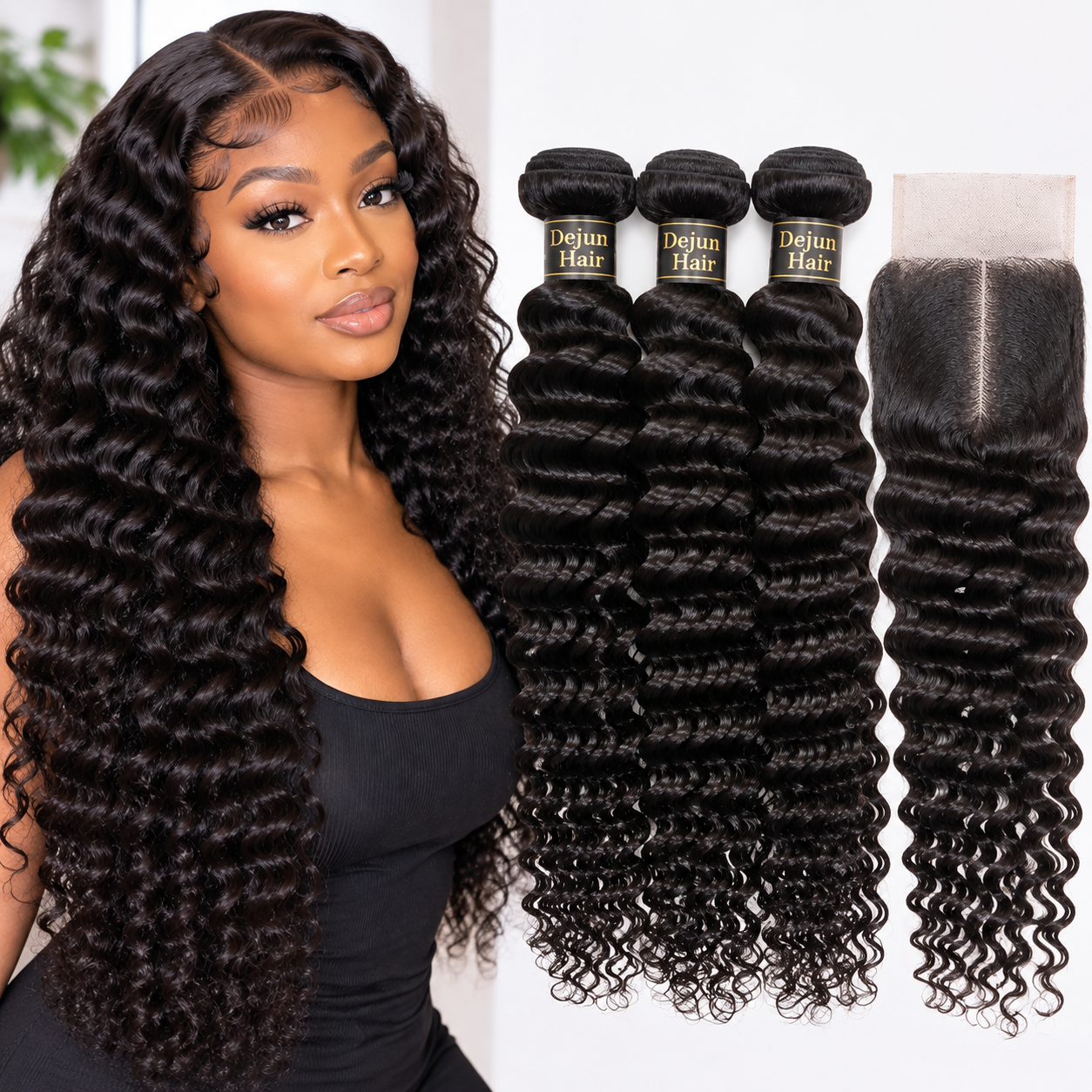 Deep wave hair bundles with lace closure wholesale set for wig vendors, retailers, and beauty supply stores