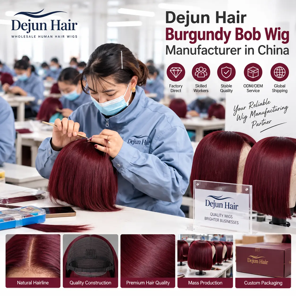 Dejun Hair burgundy bob wig manufacturer in China producing wholesale wigs