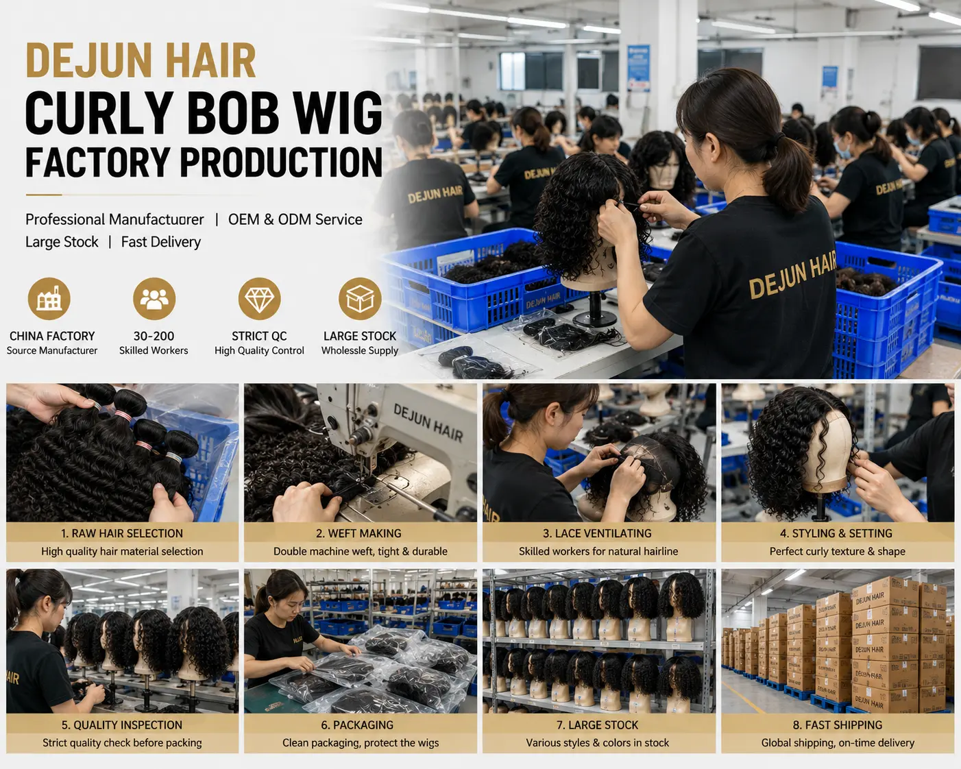 Dejun Hair curly bob wig factory production and quality control for wholesale orders