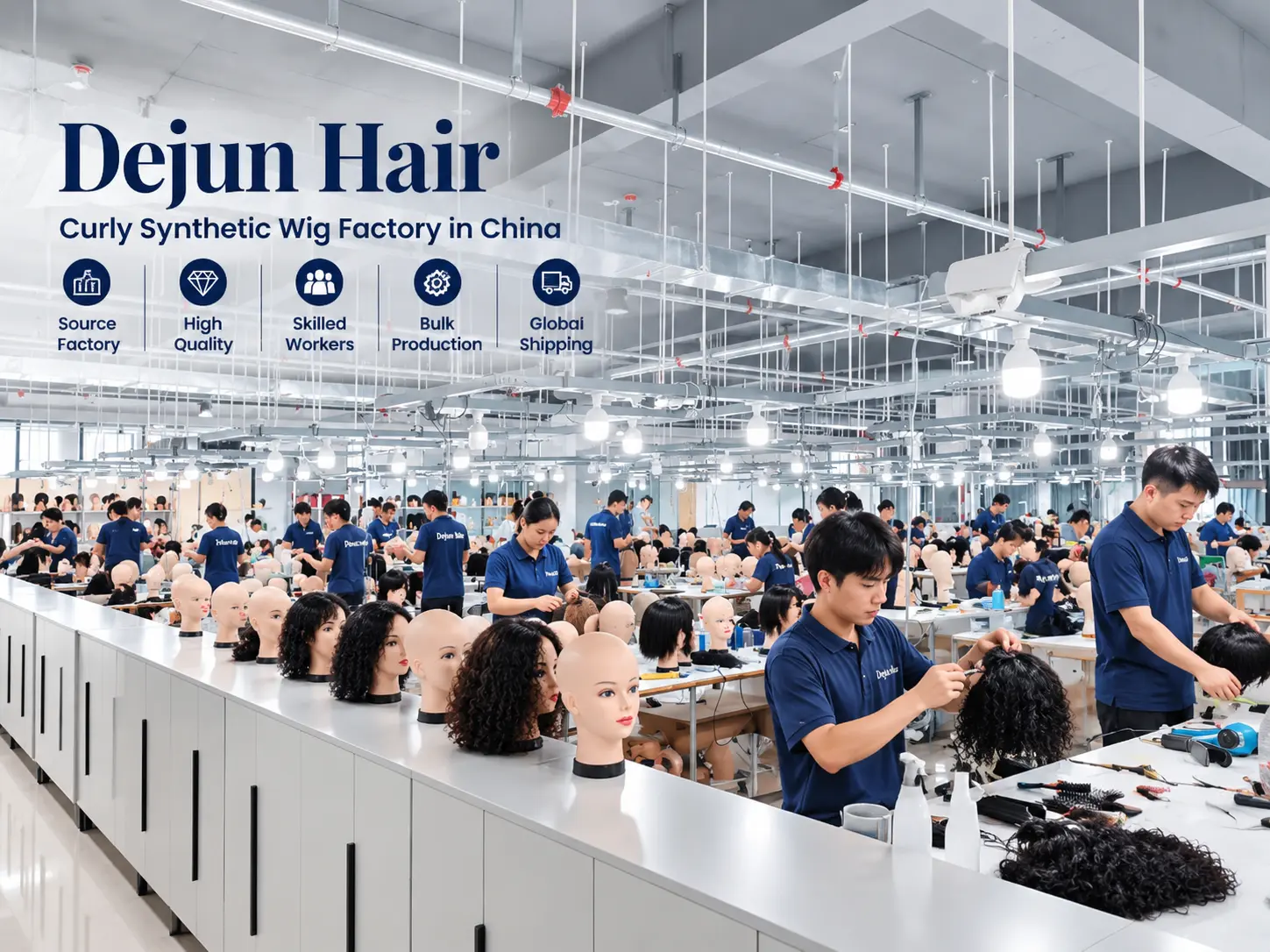 Dejun Hair curly synthetic wig factory in China producing wigs for wholesale orders