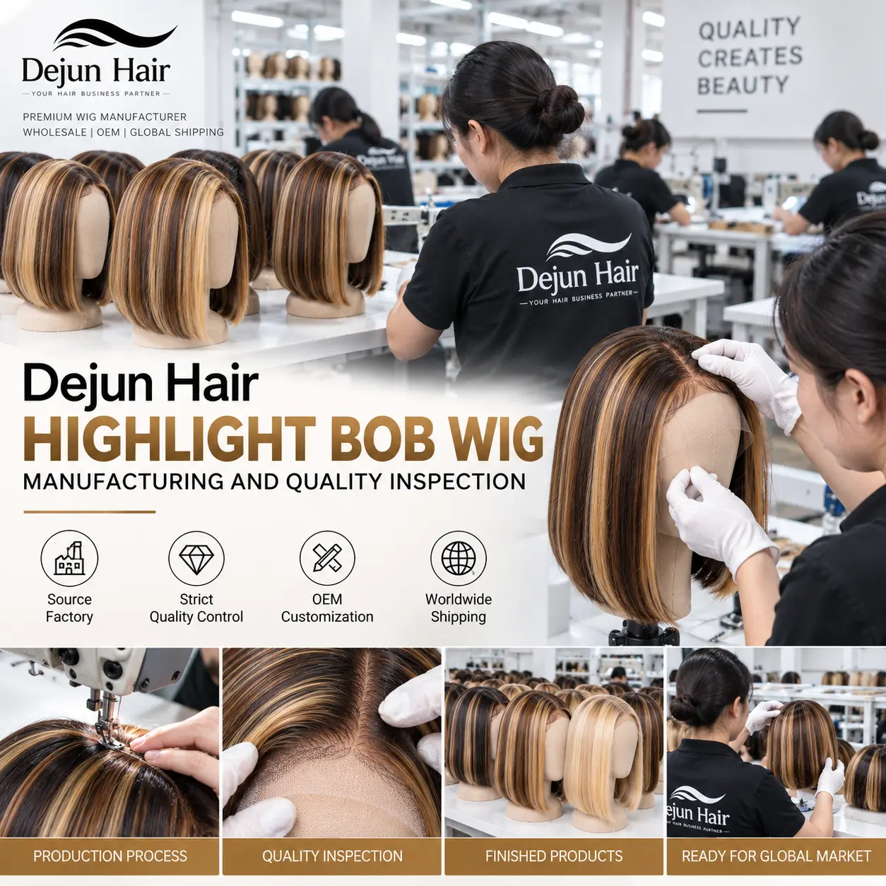 Dejun Hair highlight bob wig manufacturing and quality inspection