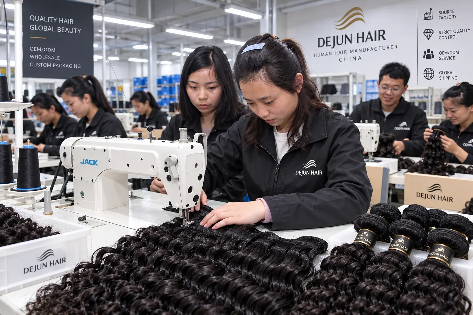 Dejun Hair human hair bundles factory in China producing curly hair bundles