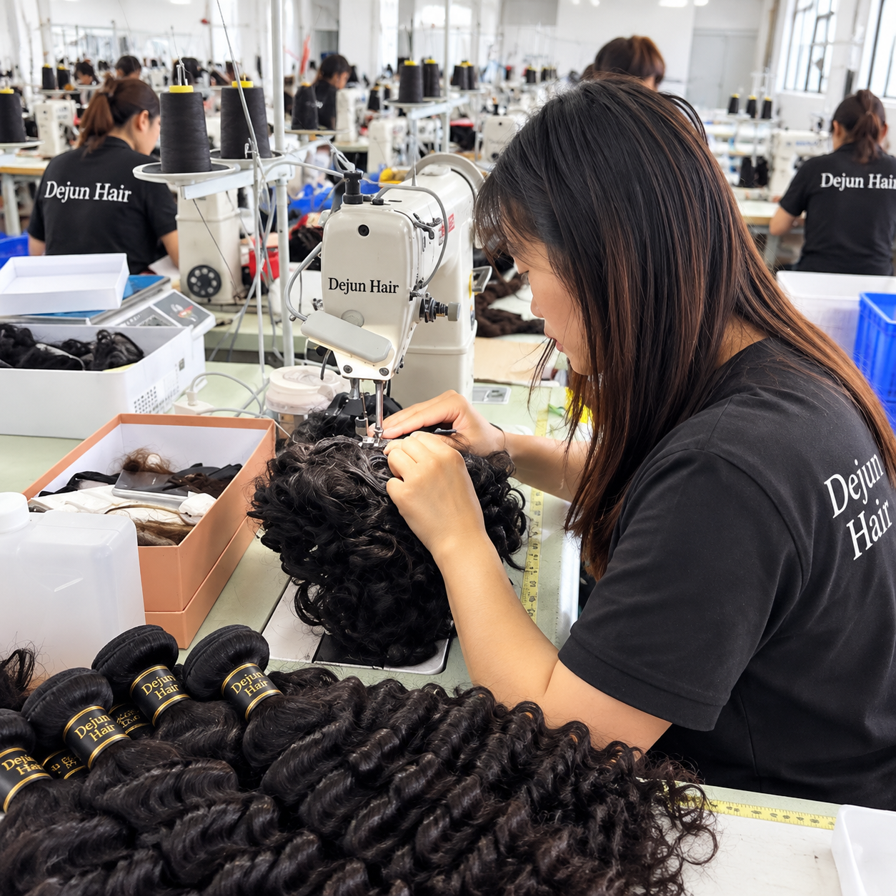 Dejun Hair human hair bundles production factory manufacturing quality hair extensions for global wholesale buyers