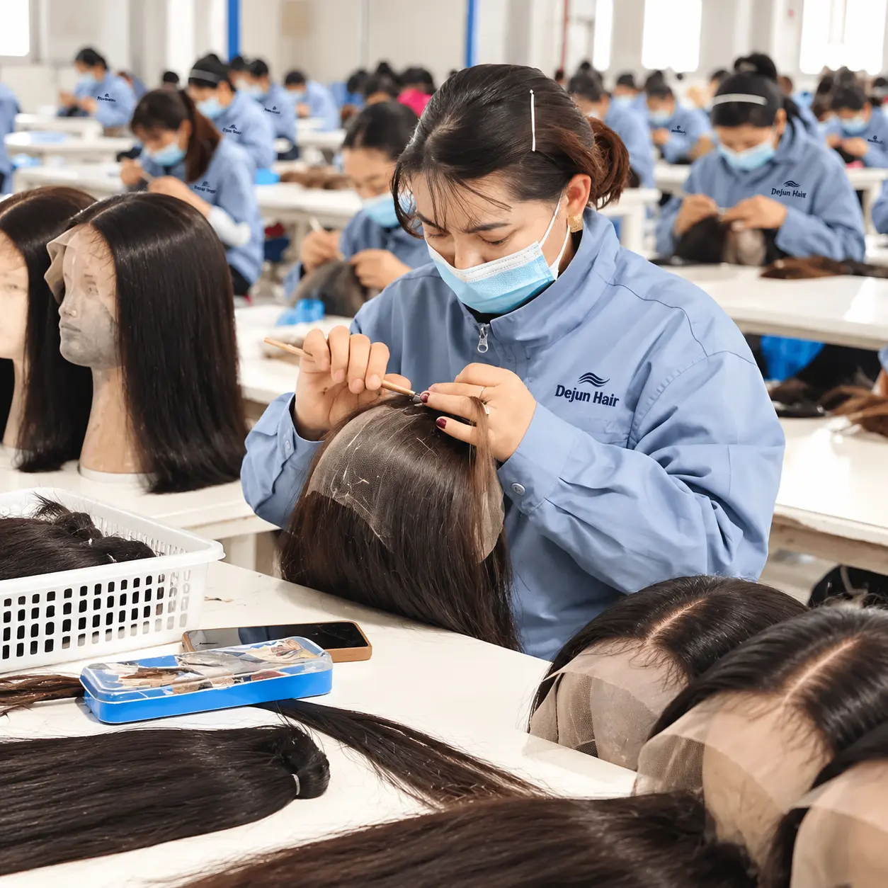 Dejun Hair human hair wig factory production line manufacturing custom wigs for wholesale buyers
