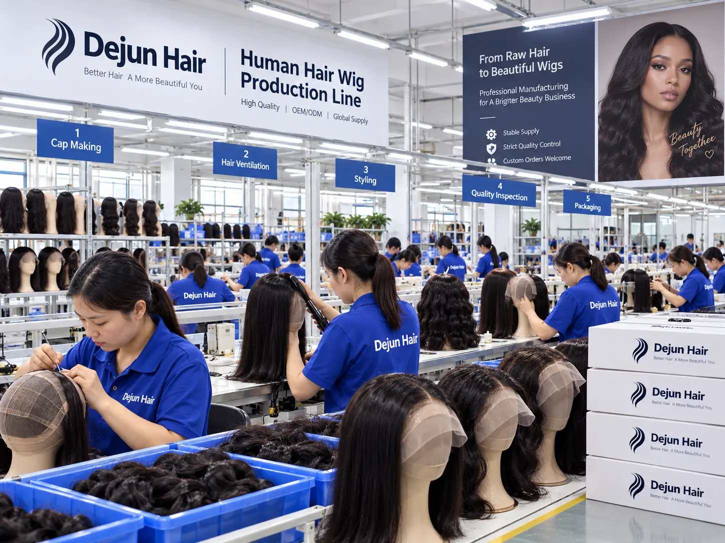 Dejun Hair human hair wig production line for wholesale and OEM orders