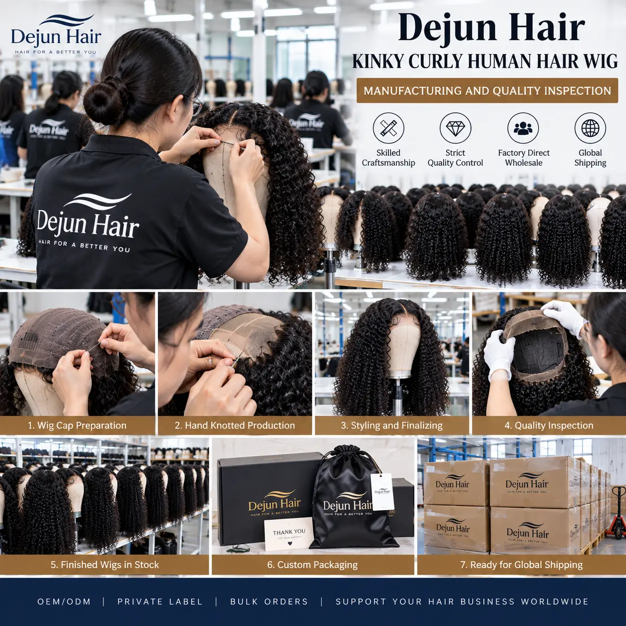 Dejun Hair kinky curly human hair wig manufacturing and quality inspection
