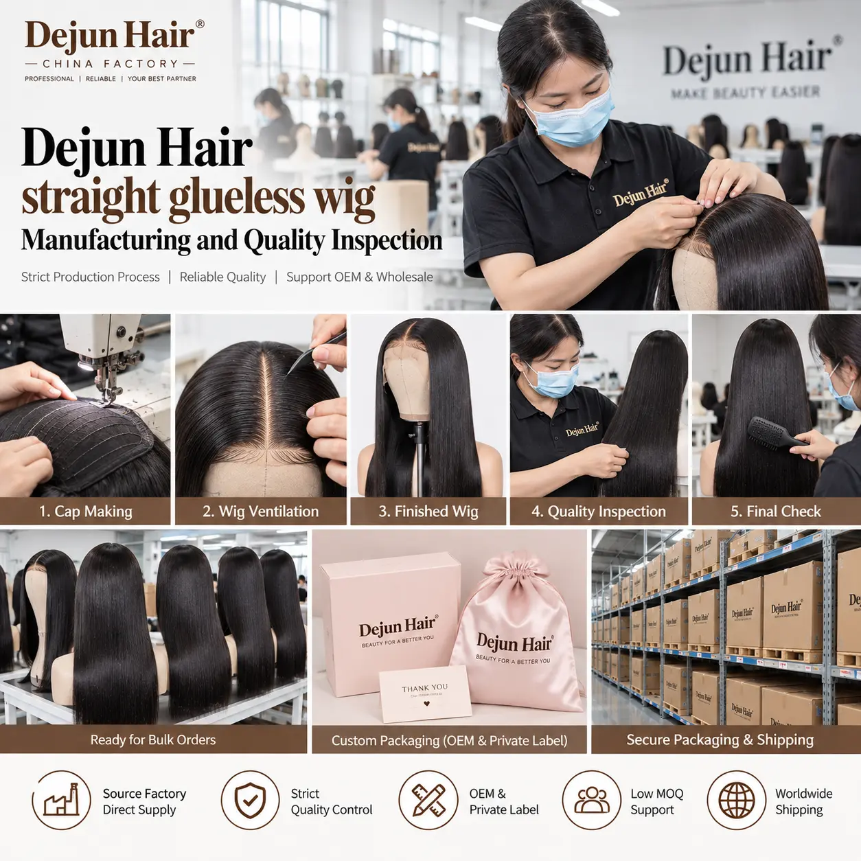 Dejun Hair straight glueless wig manufacturing and quality inspection