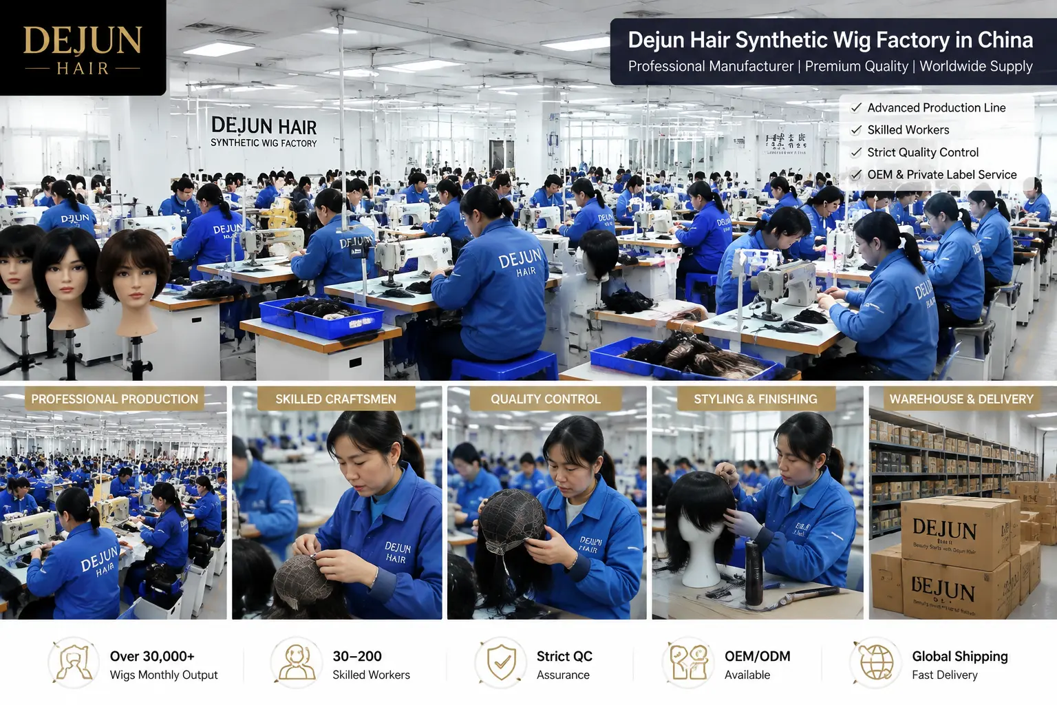Dejun Hair synthetic wig factory in China with professional production, quality inspection, and OEM services