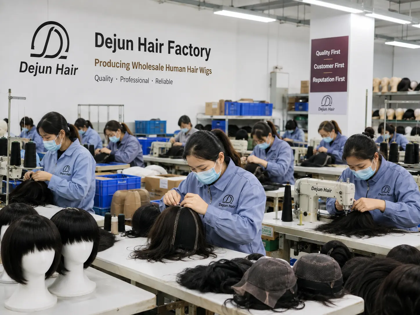 Dejun Hair factory producing wholesale human hair wigs for global hair businesses
