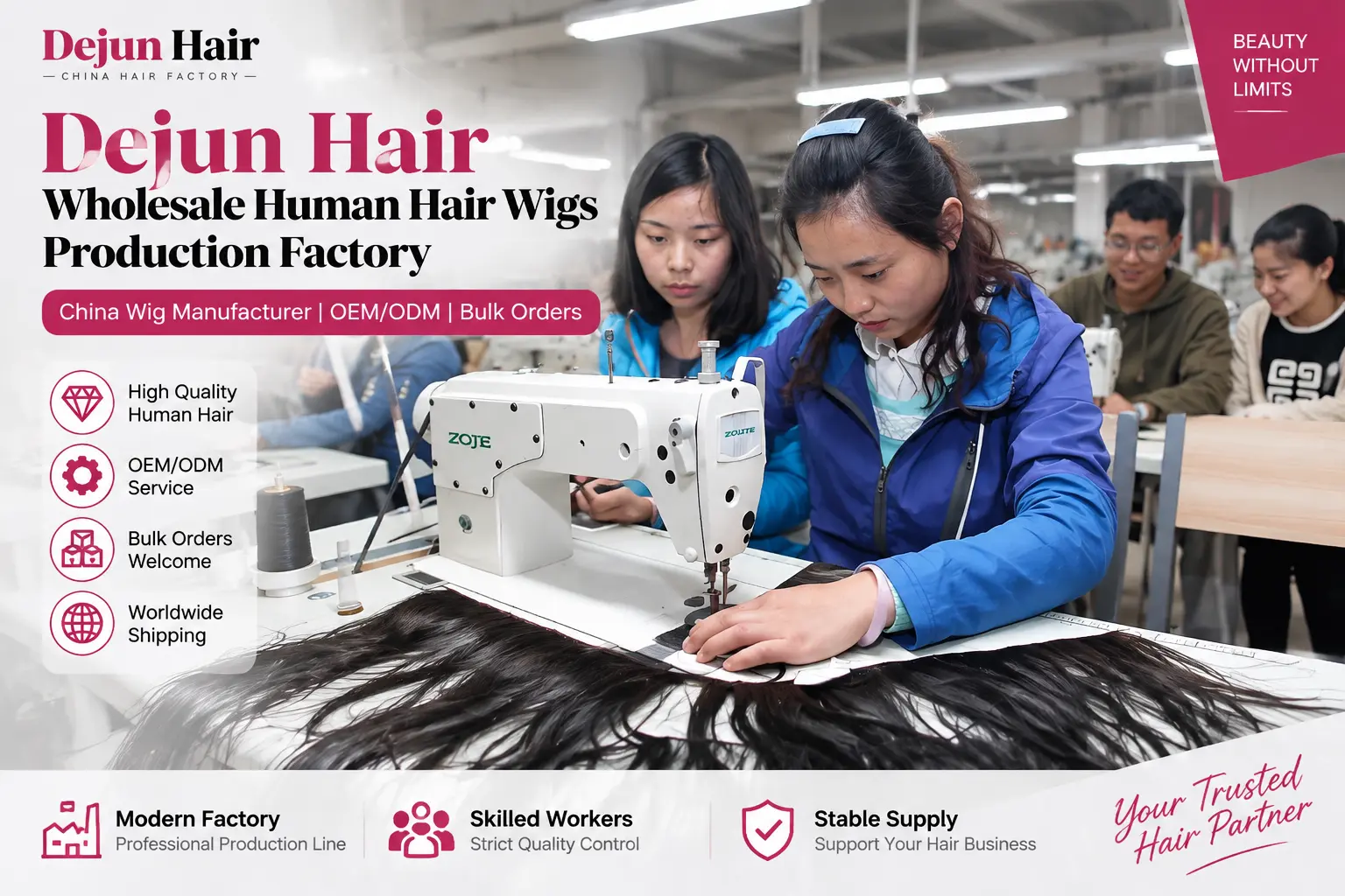 Dejun Hair wholesale human hair wigs production factory with skilled workers, quality inspection, and OEM manufacturing services