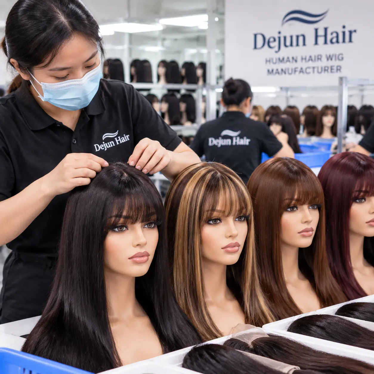 Factory made human hair bangs wigs from Dejun Hair, professional wig manufacturer producing wholesale orders