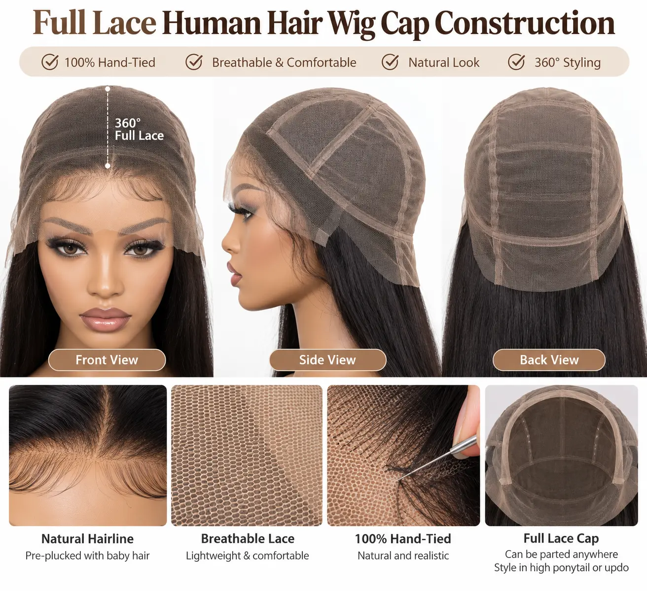 Full lace human hair wig cap construction with breathable lace and hand-tied hair