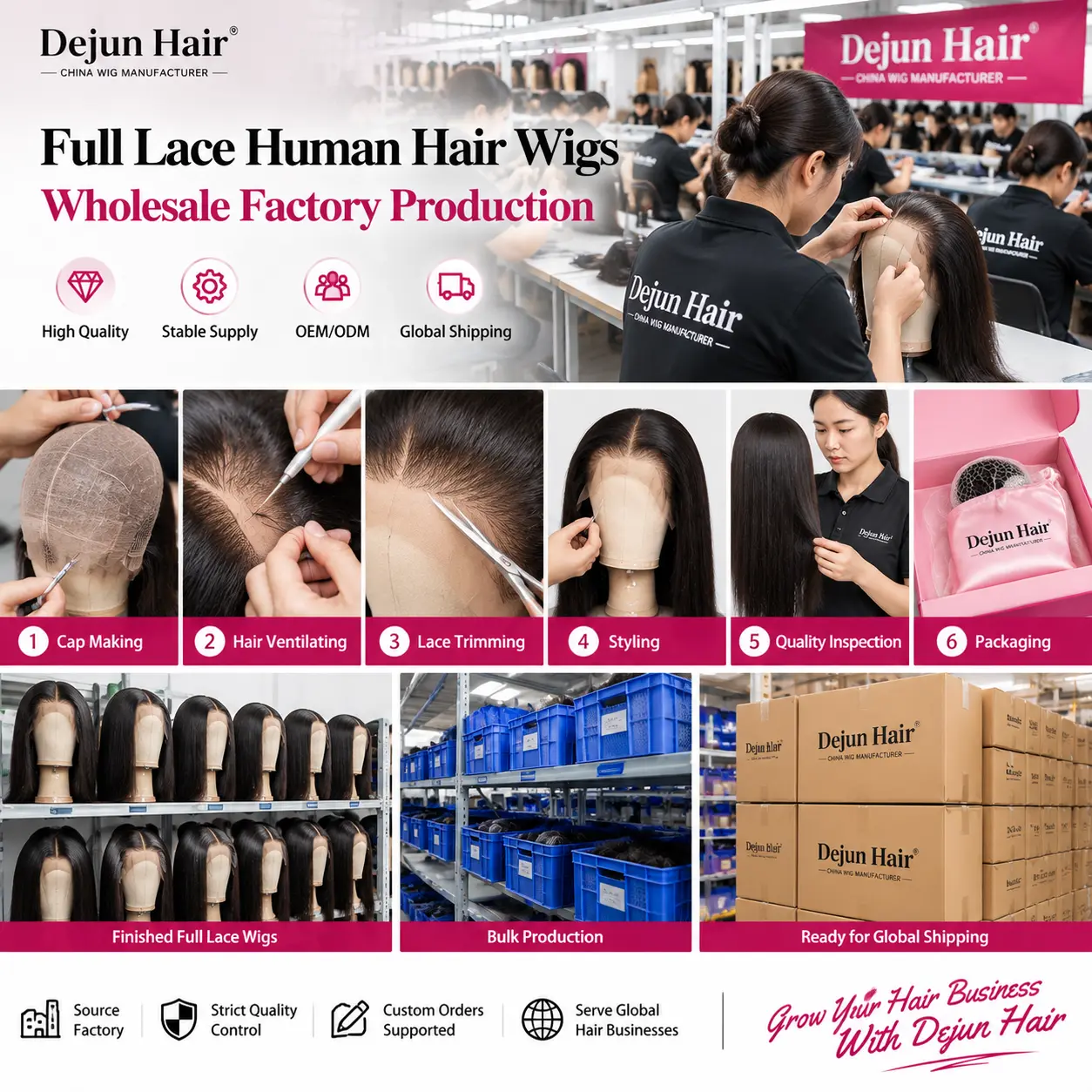 Full lace human hair wigs wholesale factory production at Dejun Hair in China
