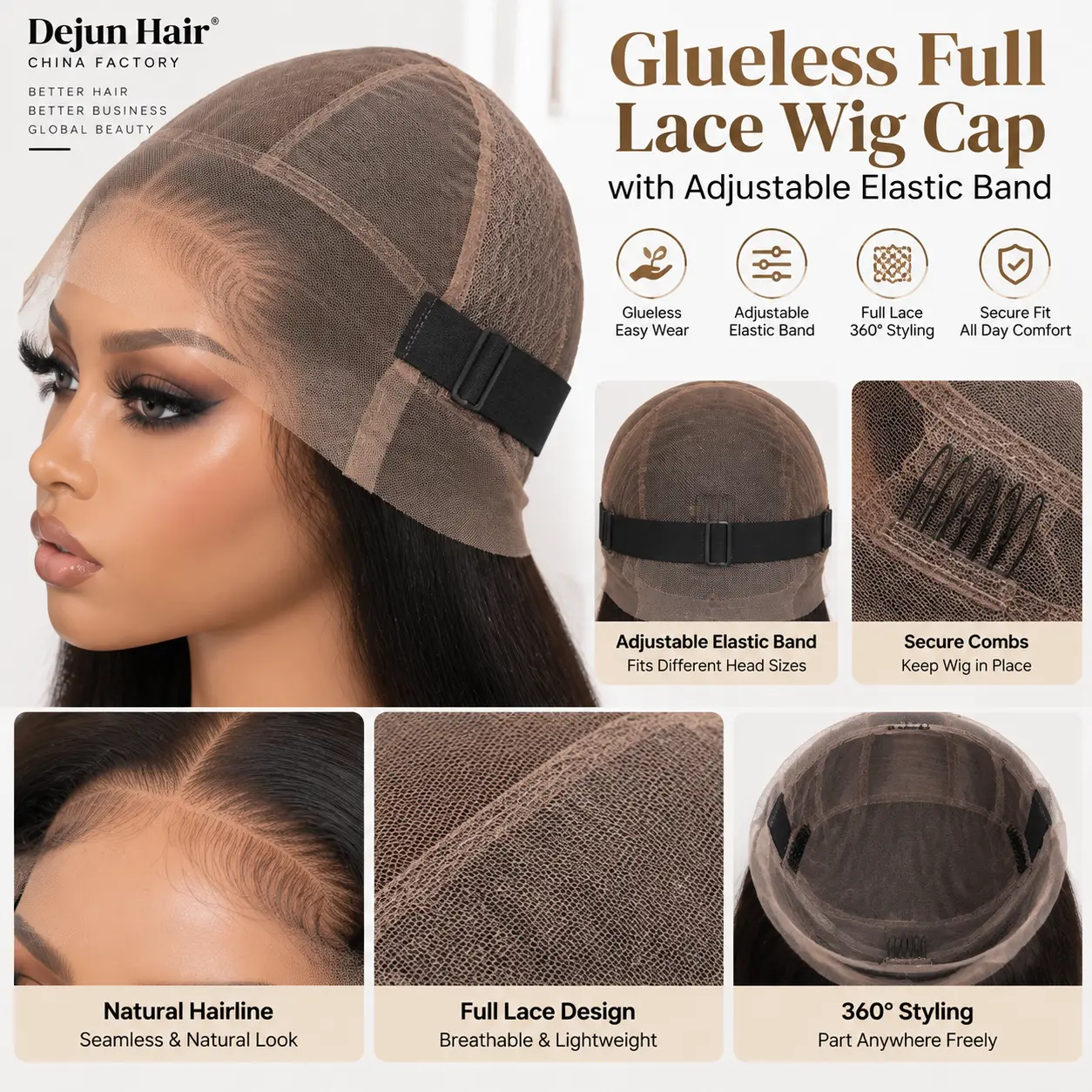 Glueless full lace wig cap with adjustable elastic band for secure fit