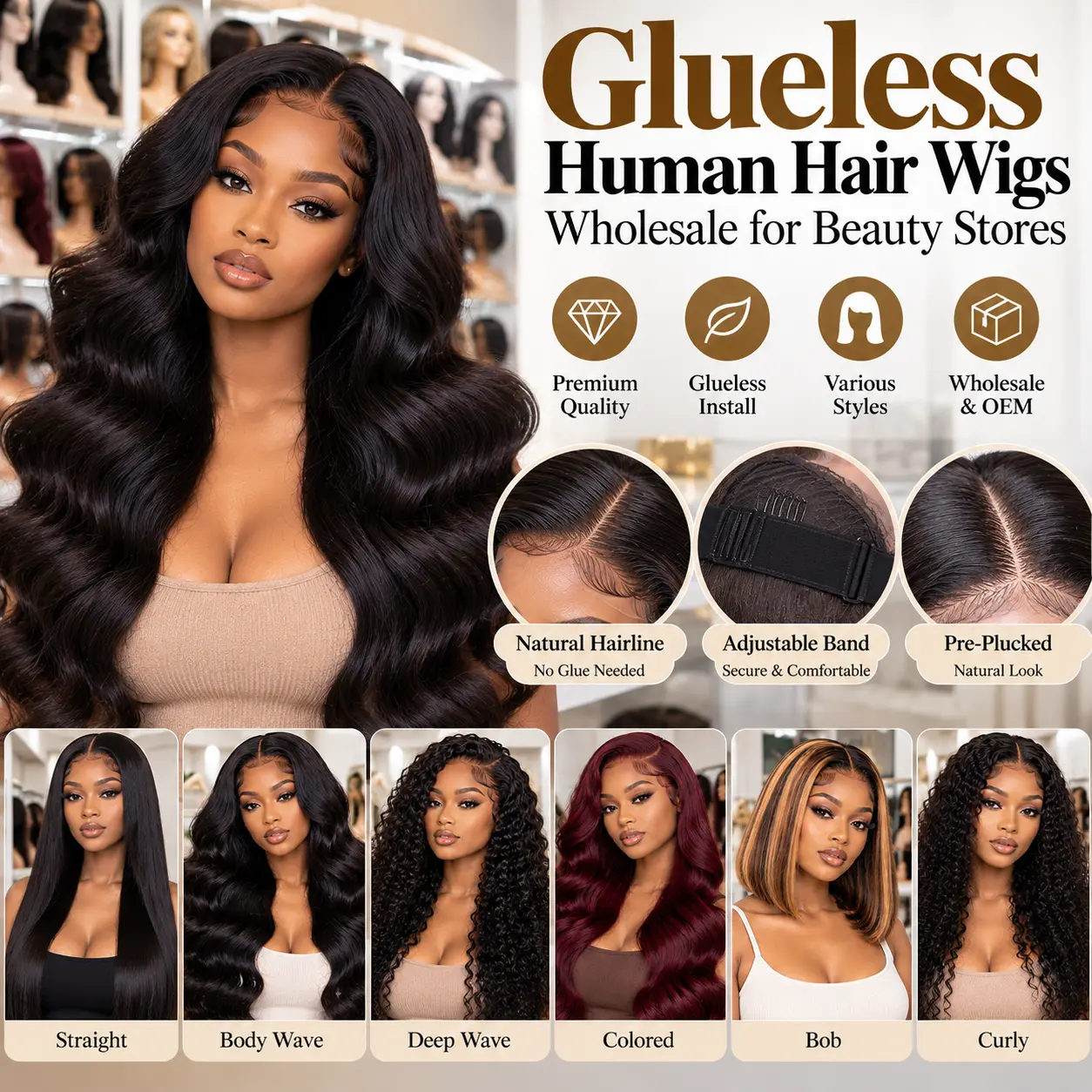 Glueless human hair wigs wholesale with natural fit and comfortable design for beauty stores