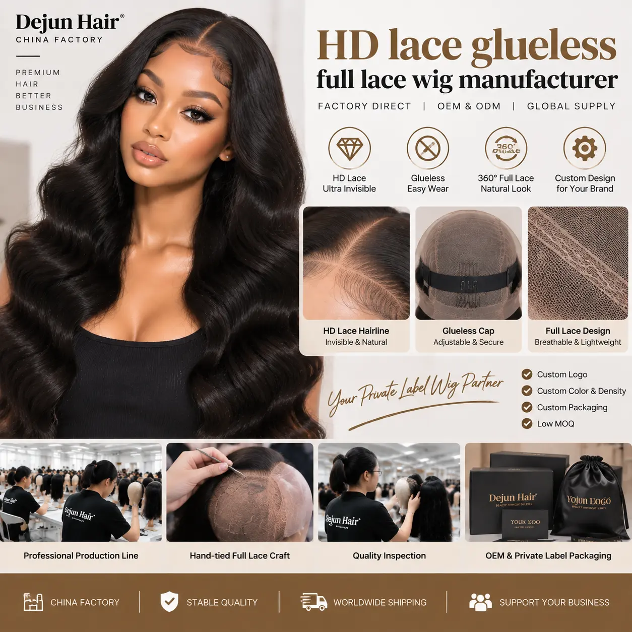 HD lace glueless full lace wig manufacturer for wholesale buyers