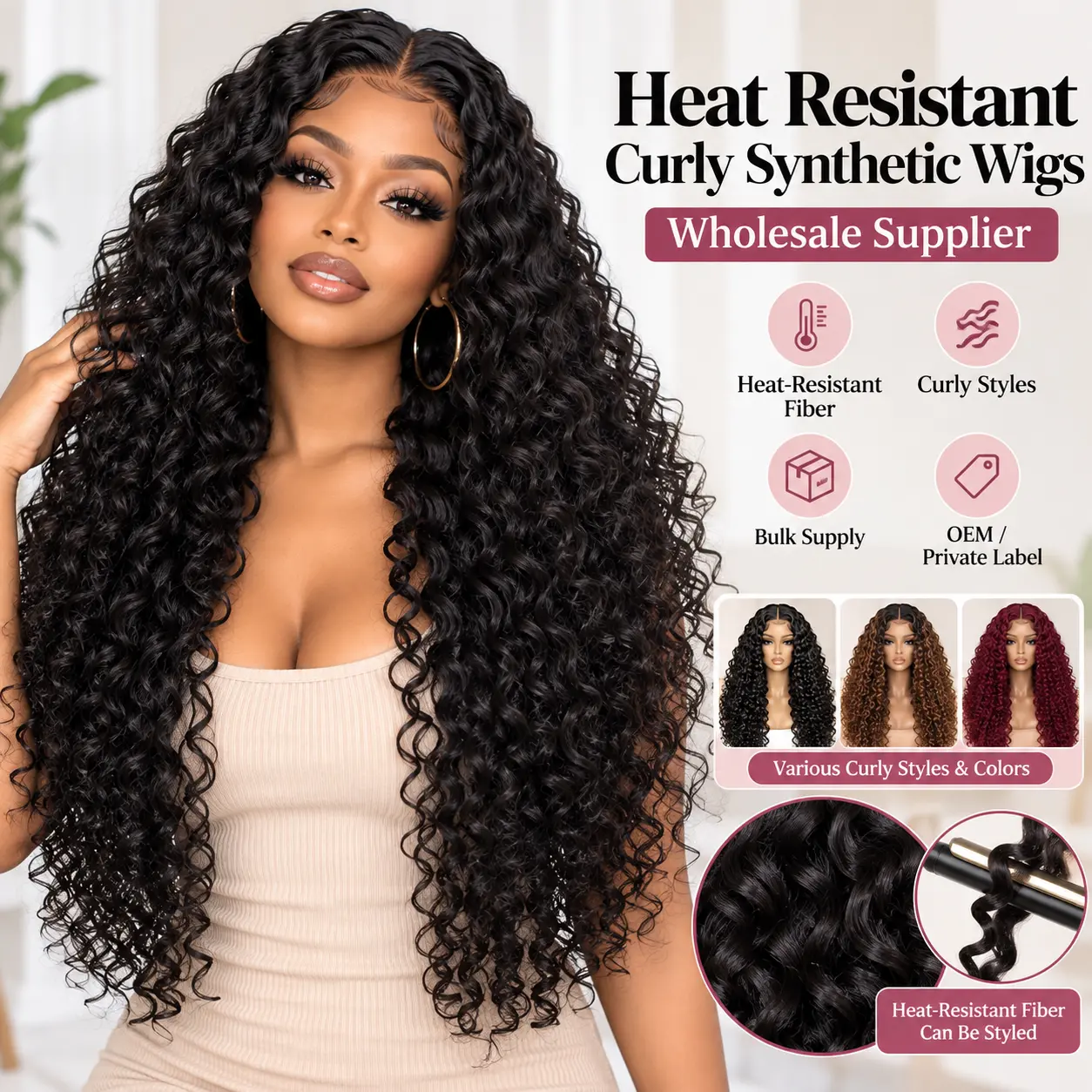 Heat resistant curly synthetic wigs wholesale supplier for wig retailers and hair businesses