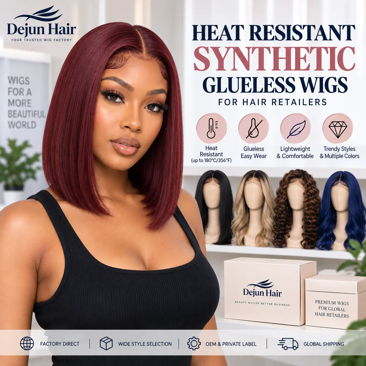 Heat resistant synthetic glueless wigs for hair retailers