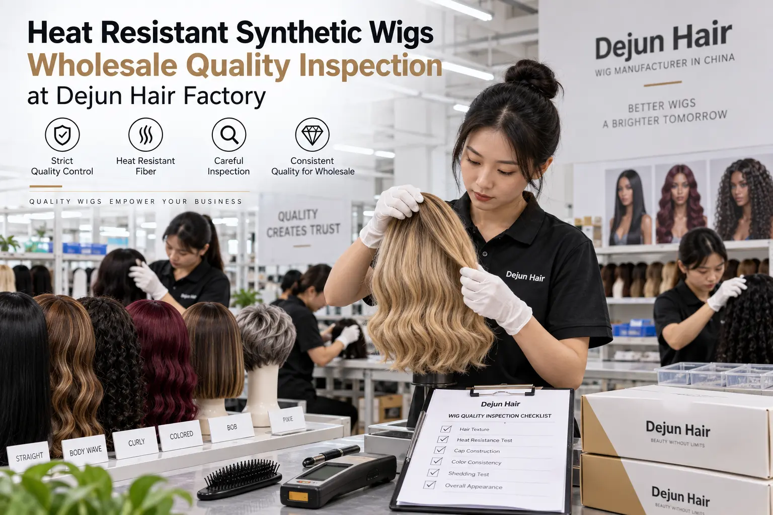 Heat resistant synthetic wigs wholesale quality inspection at Dejun Hair factory