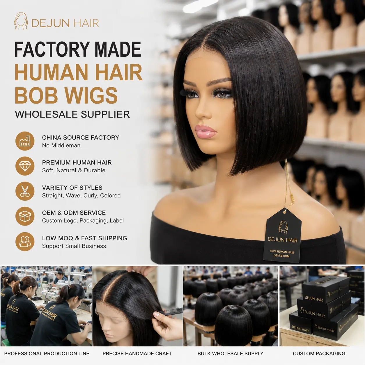 Factory made human hair bob wigs from wholesale wig supplier