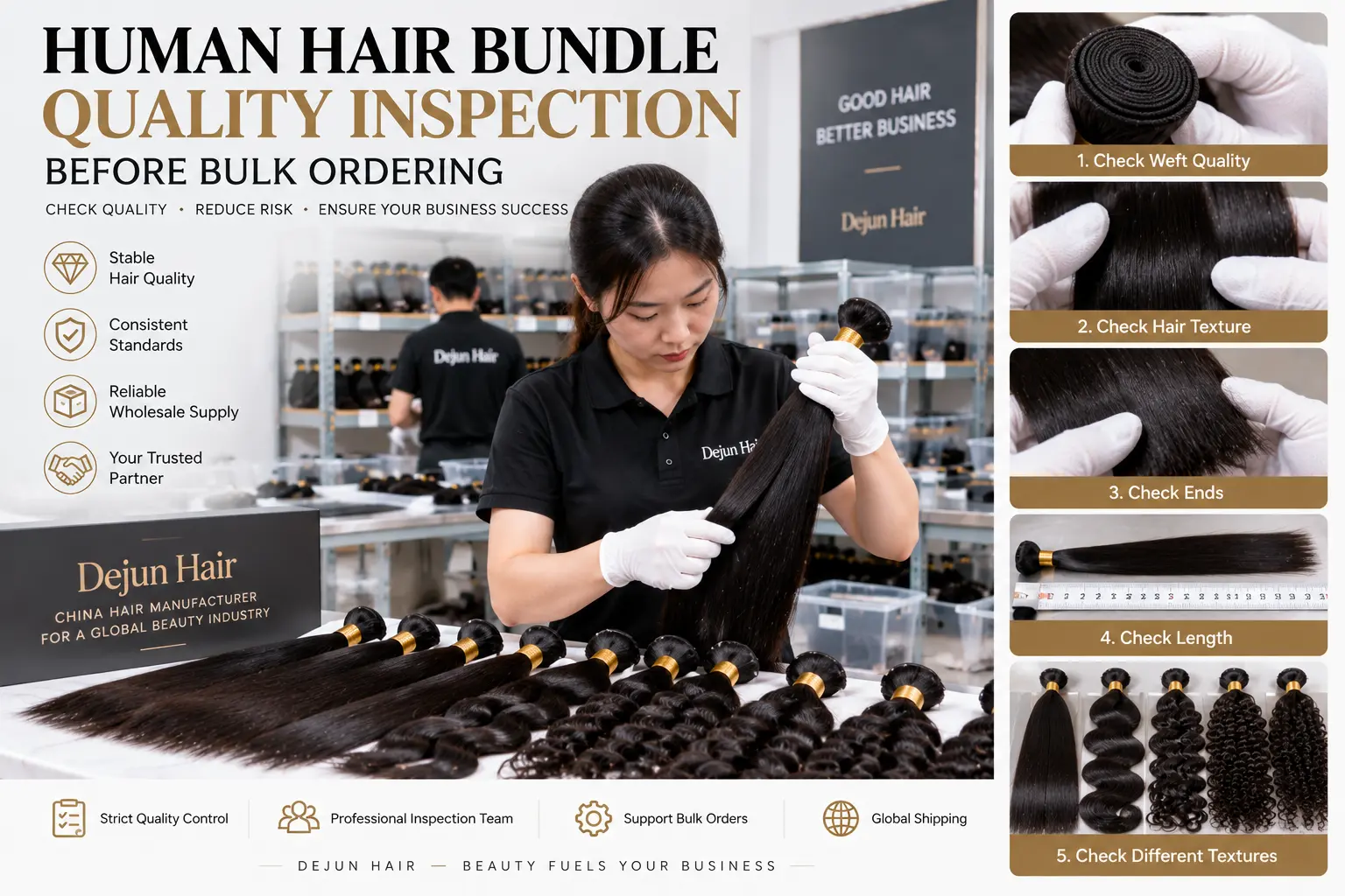 Human hair bundle quality inspection before wholesale bulk orders at Dejun Hair factory