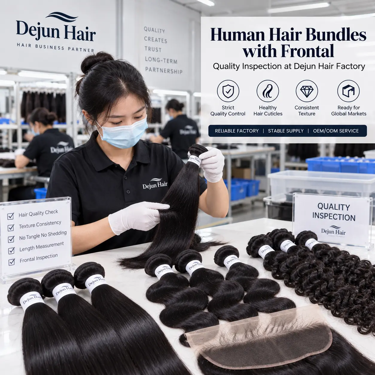 Human hair bundles with frontal quality inspection at Dejun Hair factory