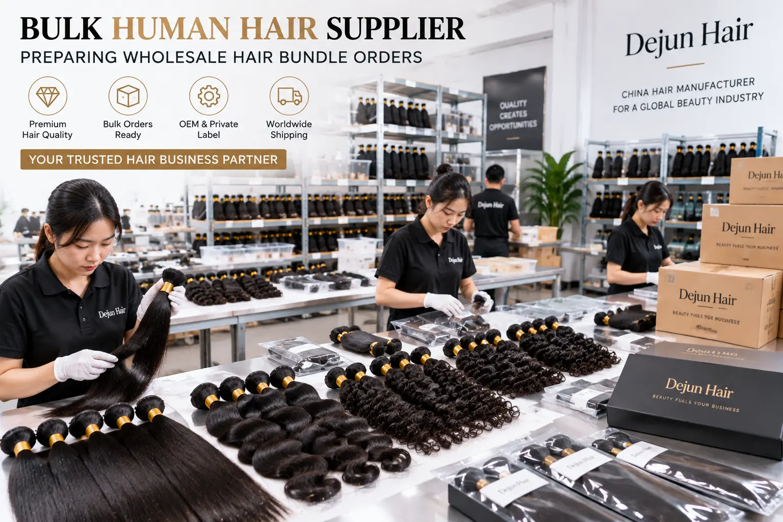 Human hair bundles wholesale supplier preparing bulk orders for hair businesses