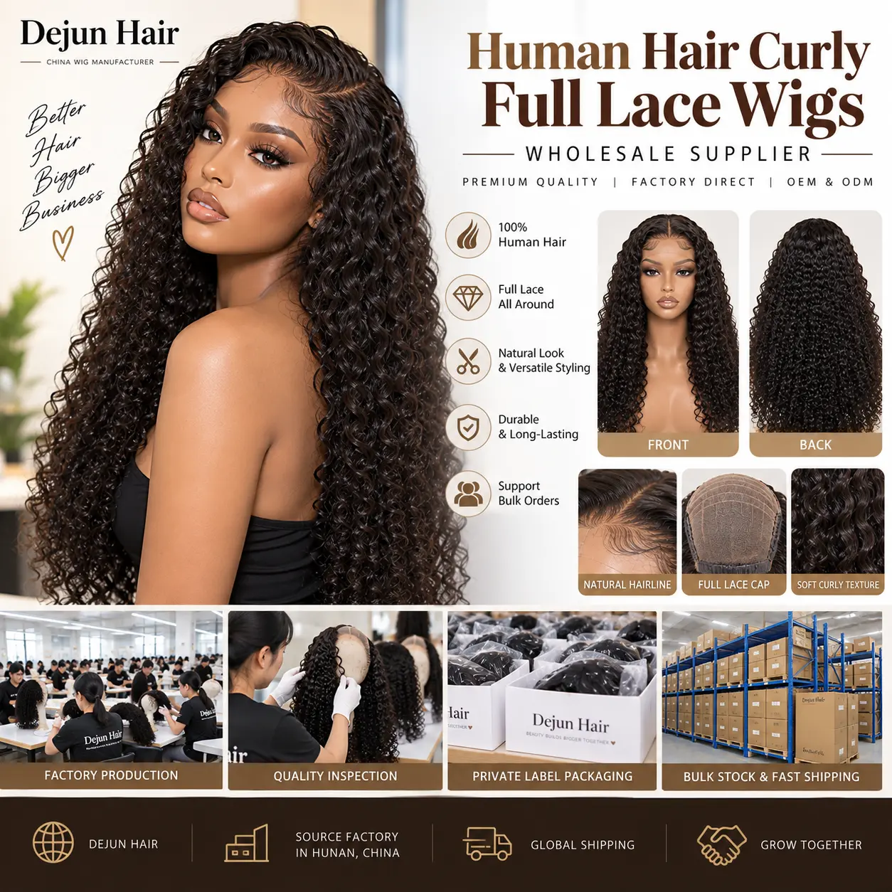 Human hair curly full lace wigs wholesale supplier from Dejun Hair China factory