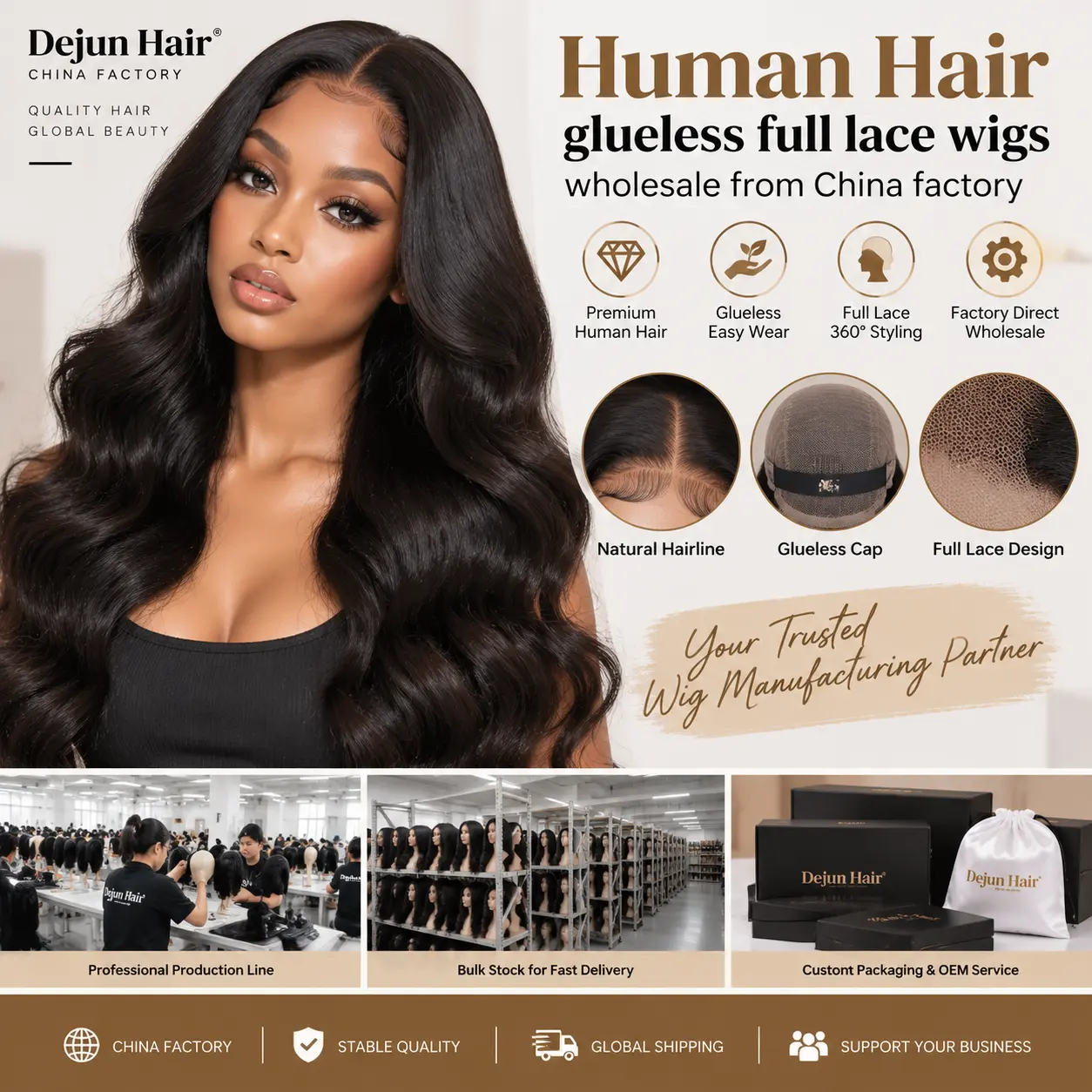 Human hair glueless full lace wigs wholesale from China factory