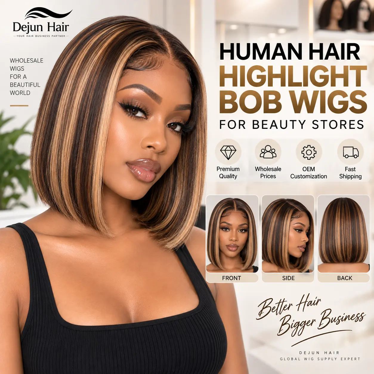 Human hair highlight bob wigs for beauty stores and hair retailers