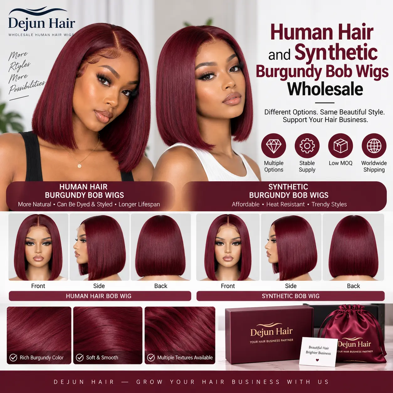 Human hair and synthetic burgundy bob wigs wholesale for hair businesses