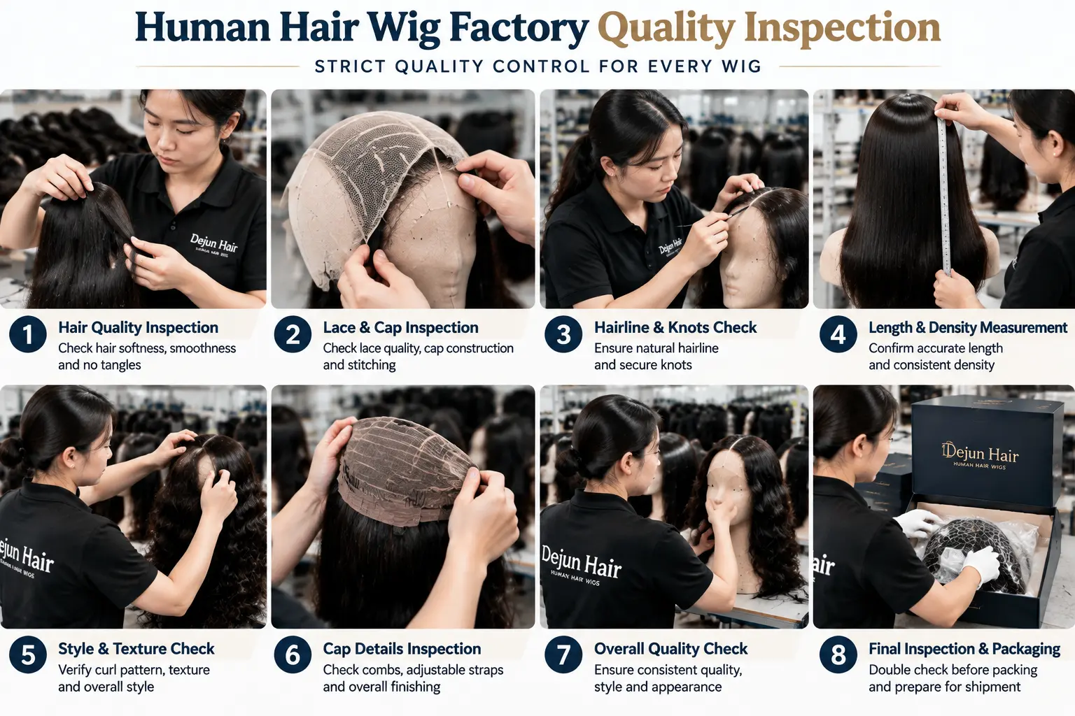Human hair wig factory quality inspection checking lace, hairline, density and craftsmanship