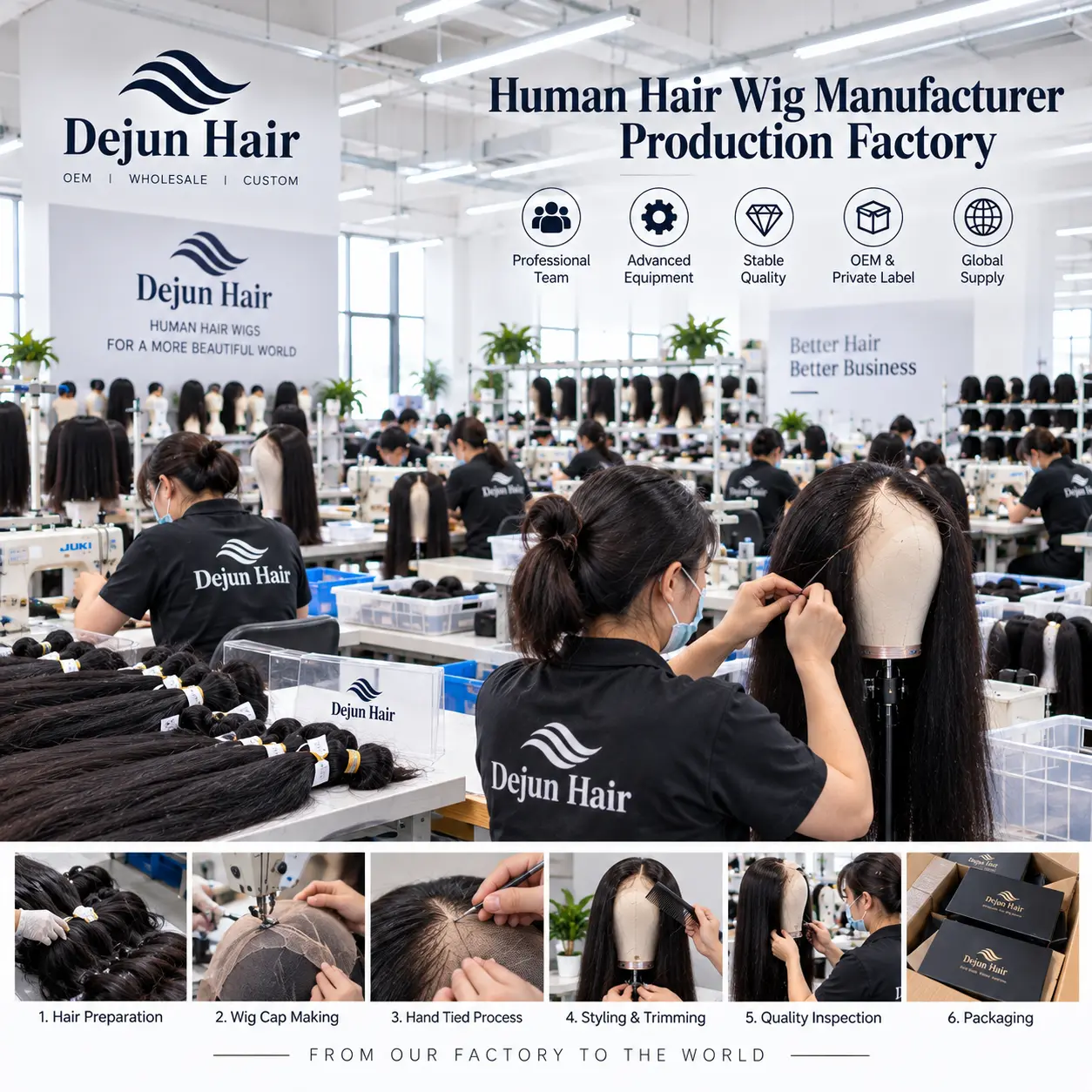 Human hair wig manufacturer production factory for wholesale orders