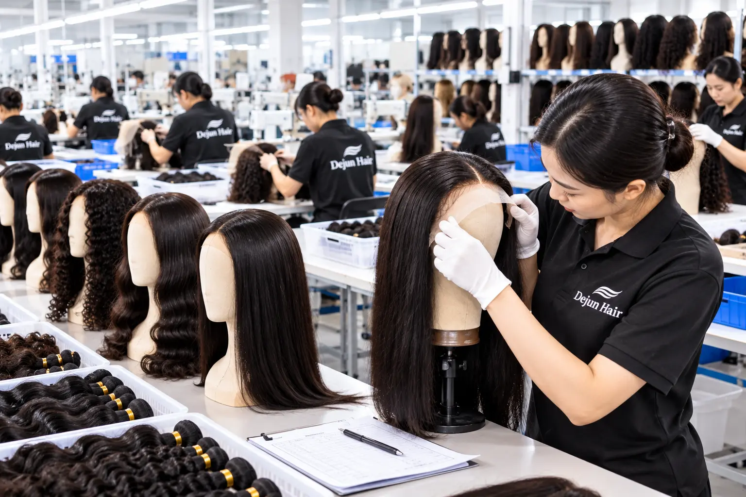 Human hair wig manufacturer production line and quality inspection at Dejun Hair factory