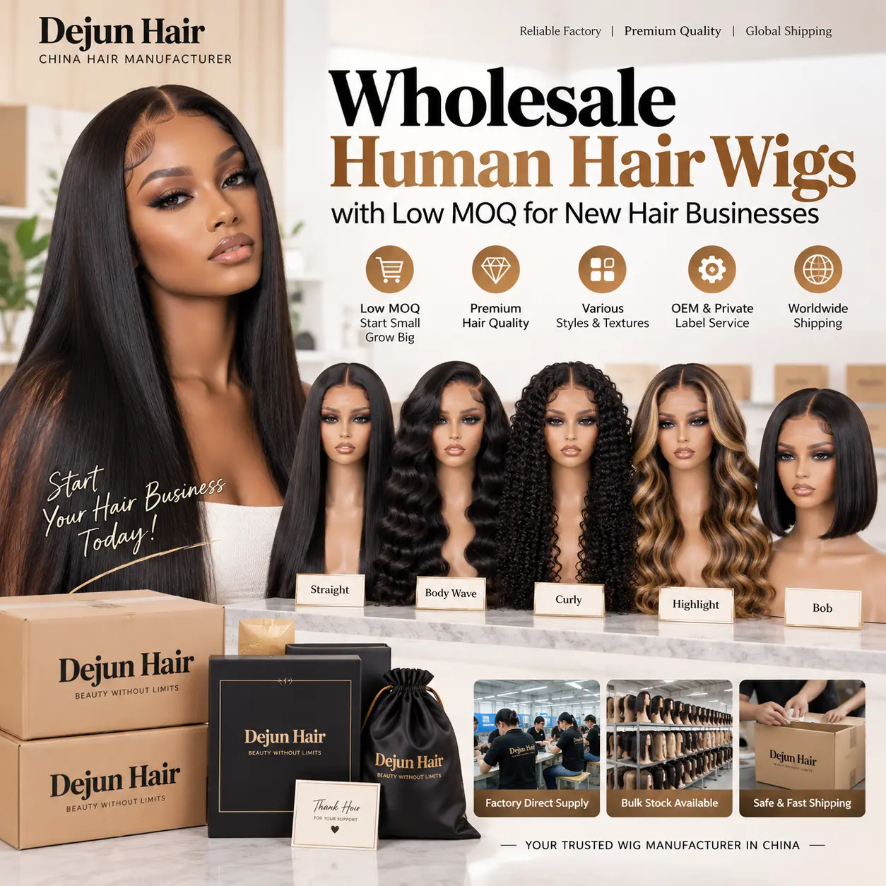 Human hair wig quality inspection at Dejun Hair factory for wholesale orders