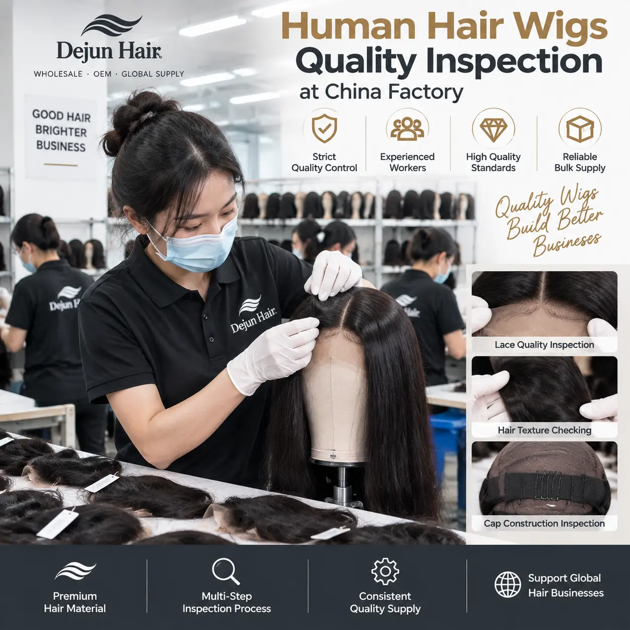 Human hair wigs quality inspection at China factory with strict quality control process