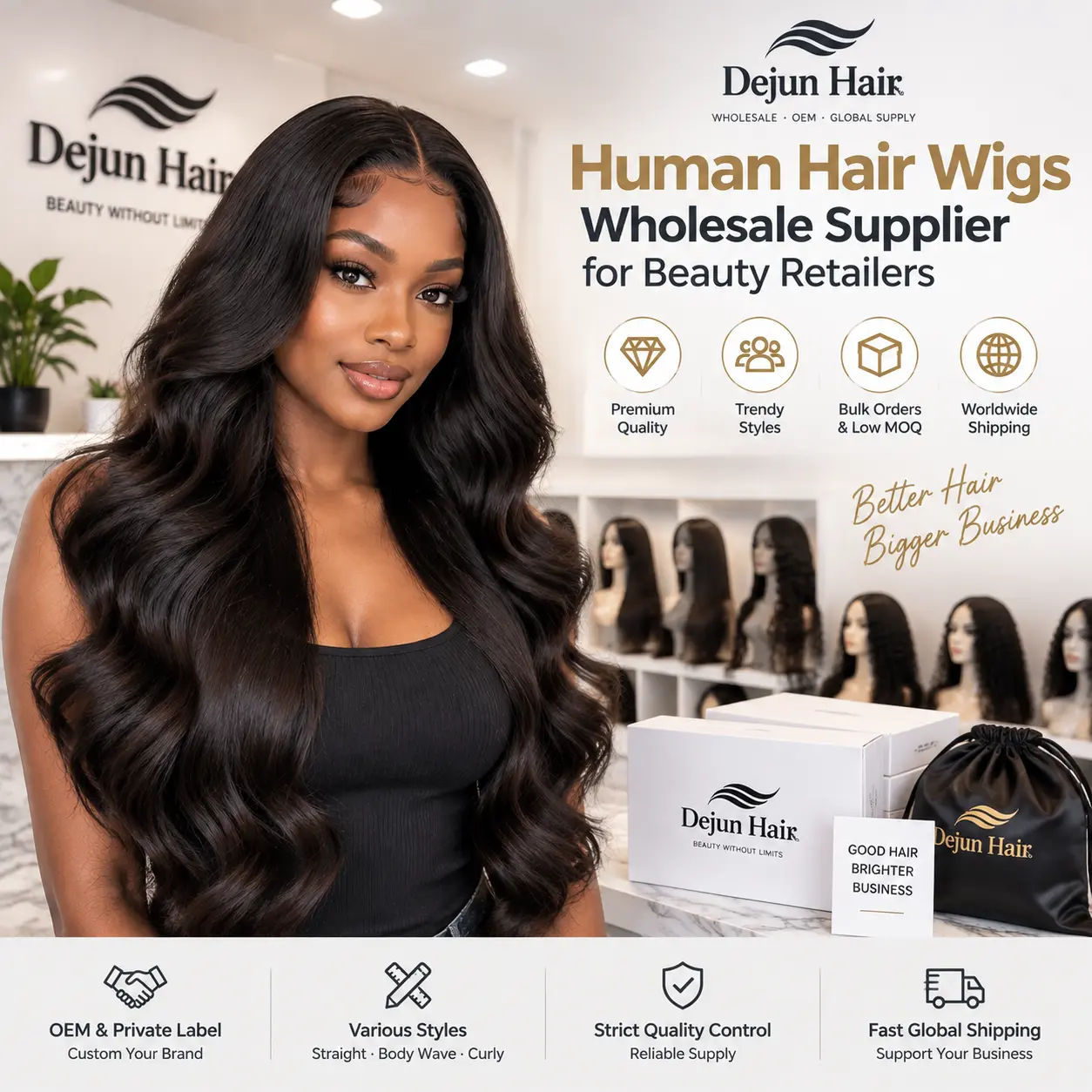Human hair wigs wholesale supplier for beauty retailers offering bulk orders and global supply