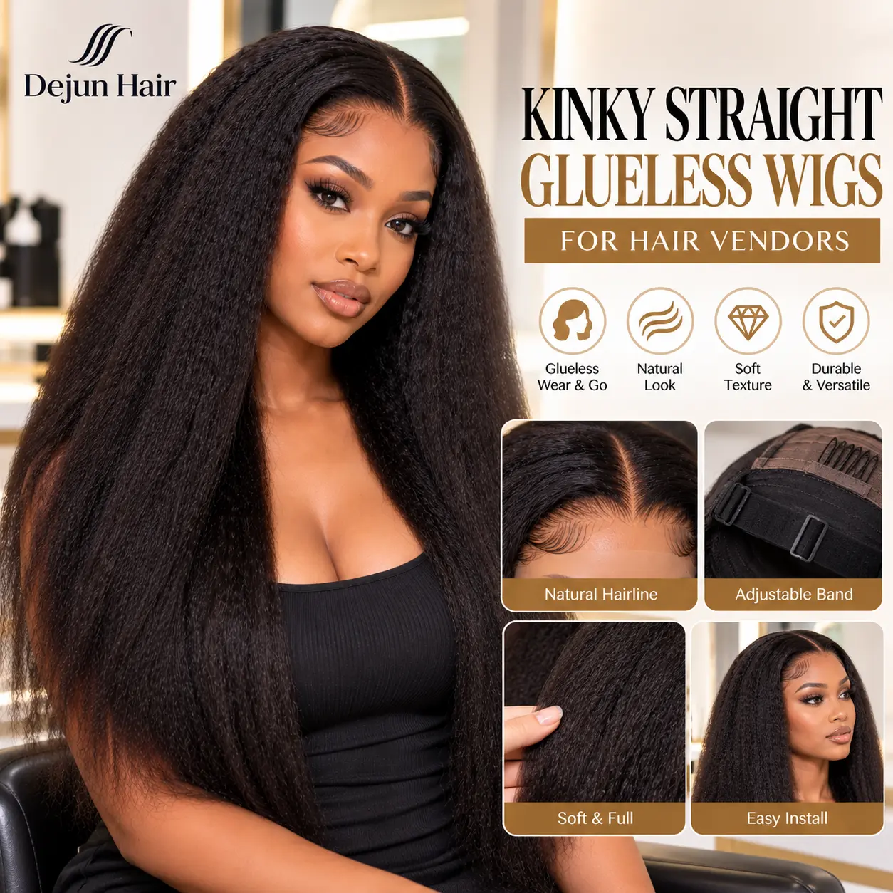 Kinky straight glueless wigs for hair vendors with natural hairline and adjustable band