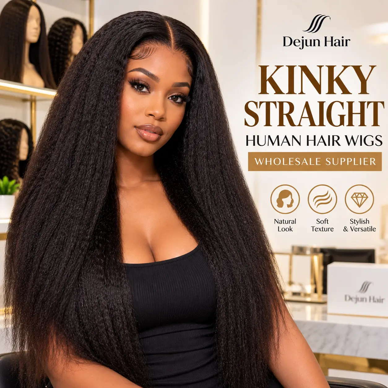 Kinky straight human hair wigs wholesale supplier for salons and wig retailers
