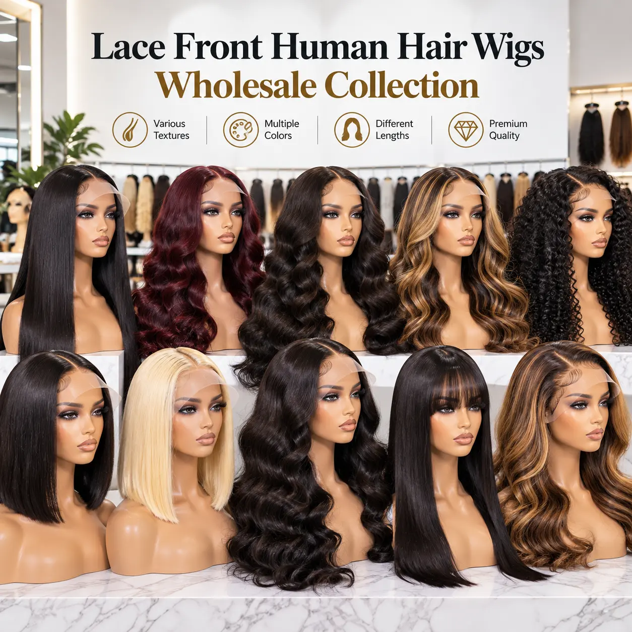Lace front human hair wigs wholesale collection in different textures, colors and lengths