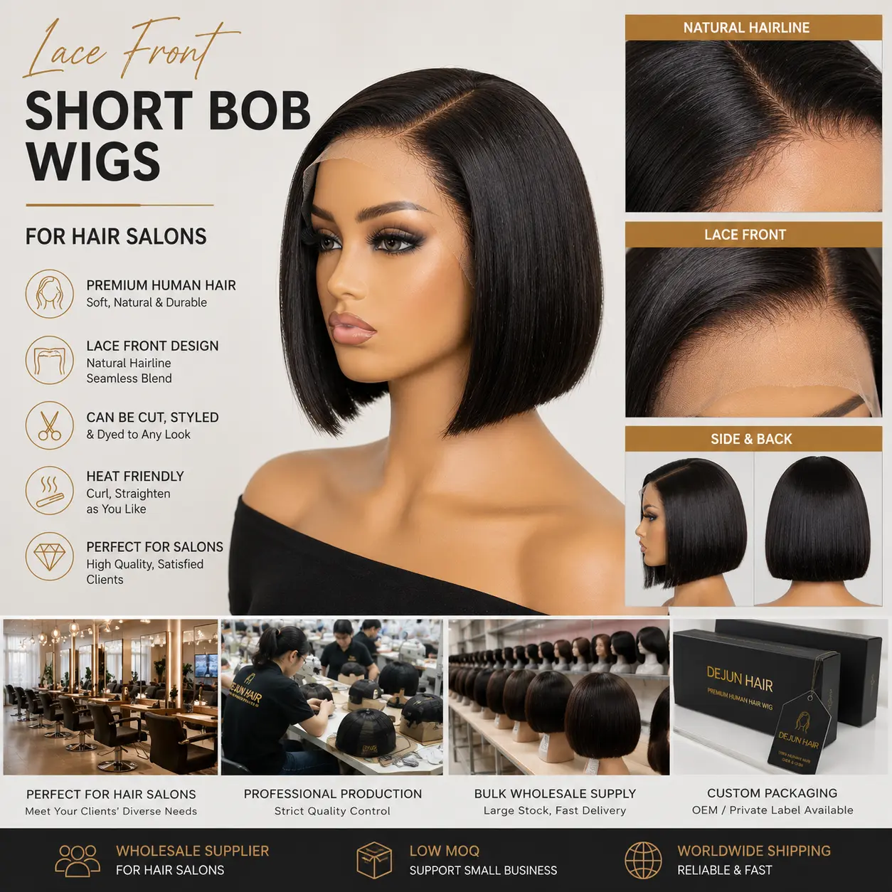 Lace front short bob human hair wigs for hair salons and retailers