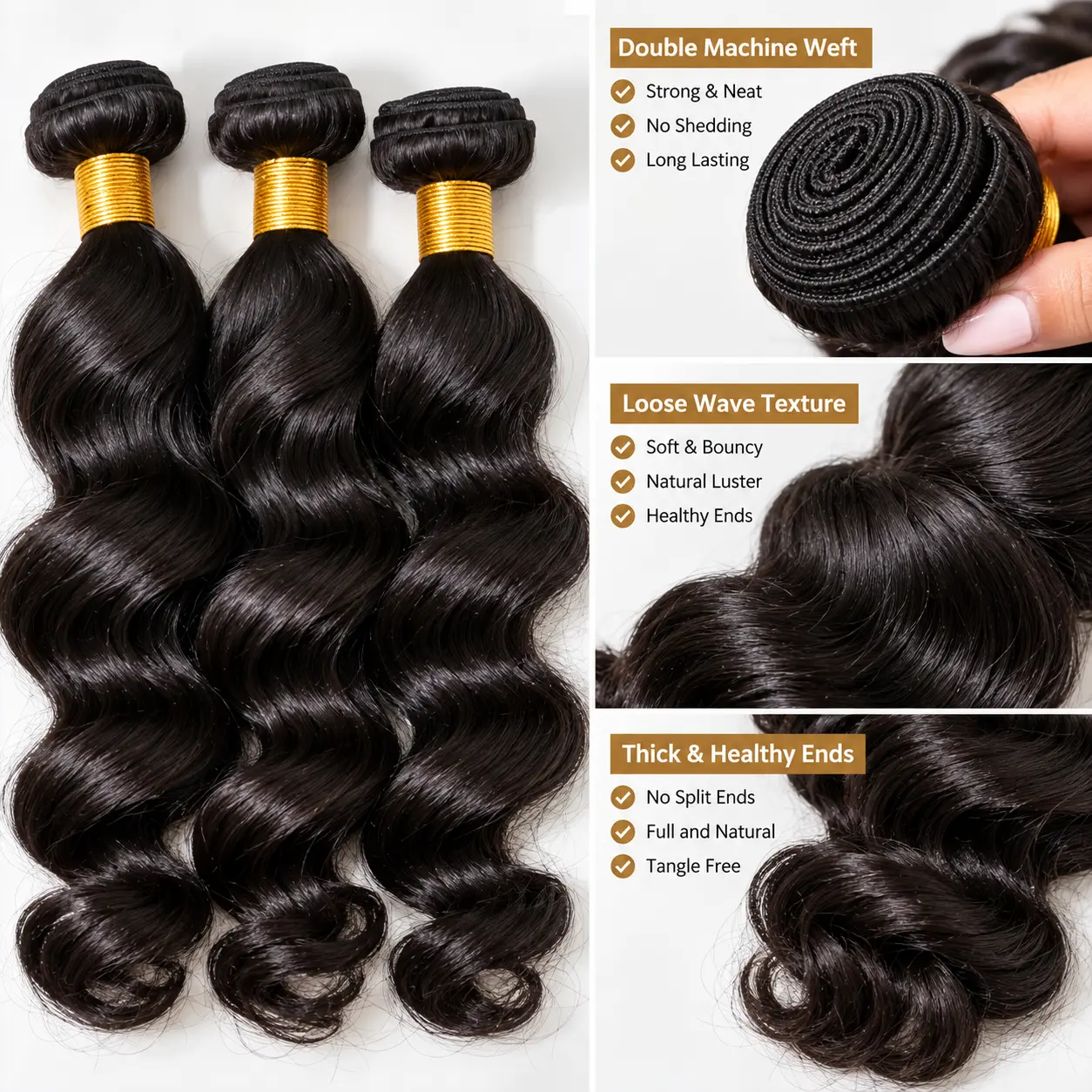 Loose wave human hair bundles texture and double weft detail