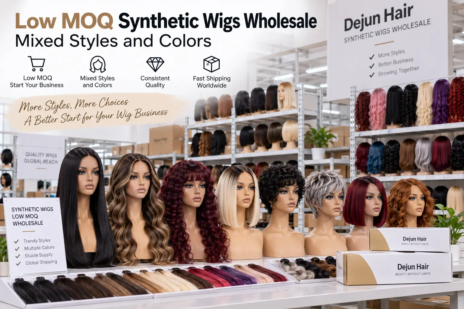 Low MOQ synthetic wigs wholesale in mixed styles and colors for hair businesses