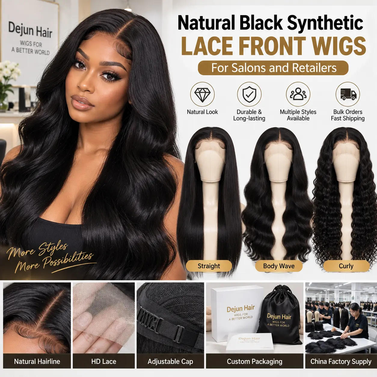 Natural black synthetic lace front wigs for salons and beauty retailers