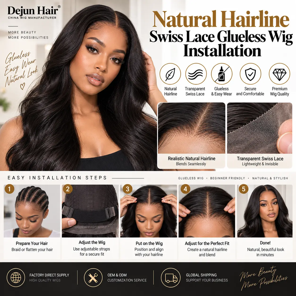 Natural hairline Swiss lace glueless wig installation and finished look
