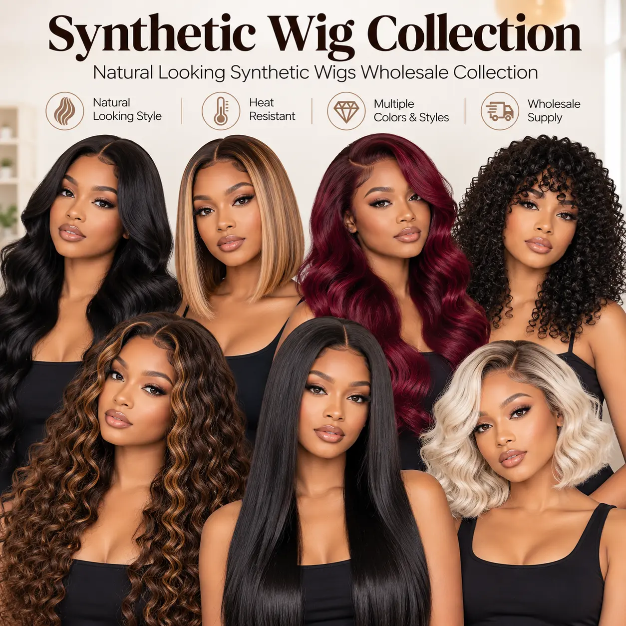 Natural looking synthetic wigs wholesale collection in multiple colors and styles