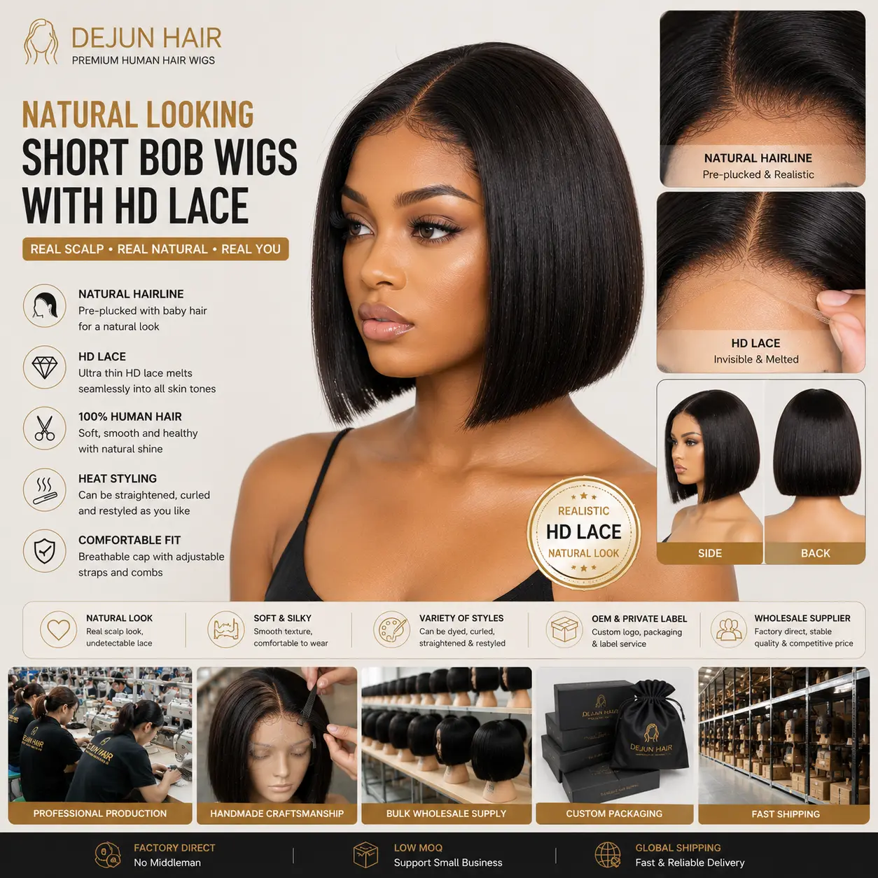 Natural looking short bob human hair wigs with HD lace and realistic hairline