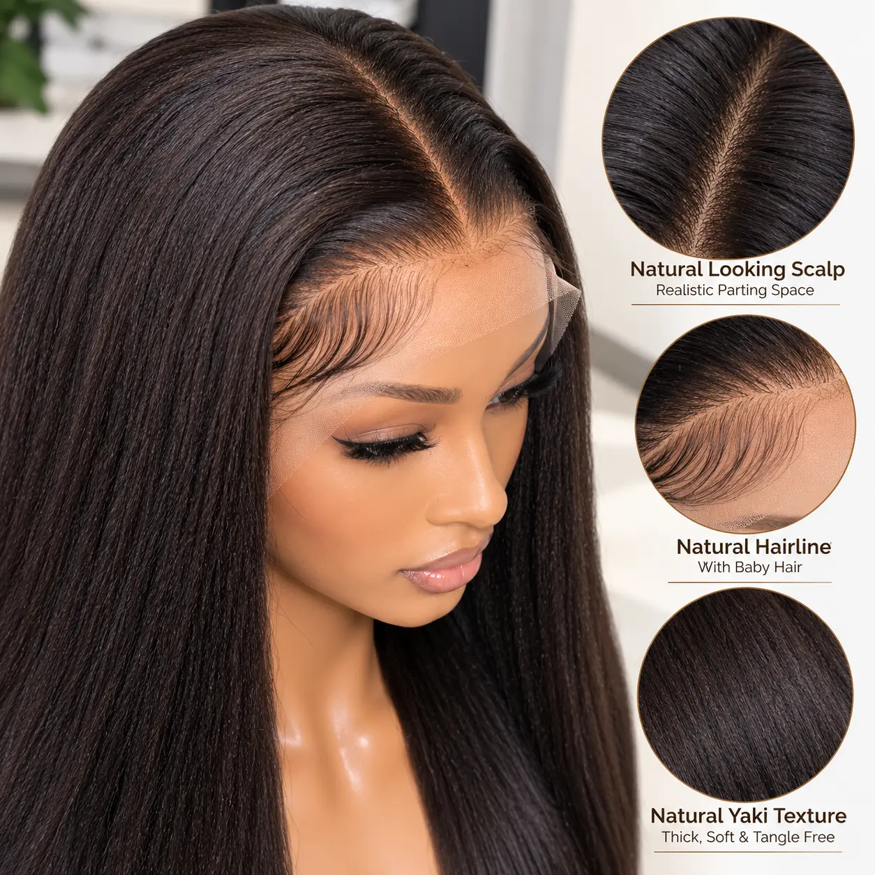 Natural texture yaki straight human hair wig close up with realistic hairline