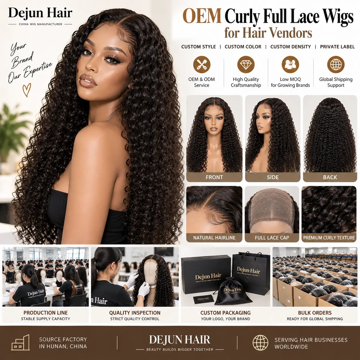 OEM curly full lace wigs for hair vendors with custom density and private label packaging